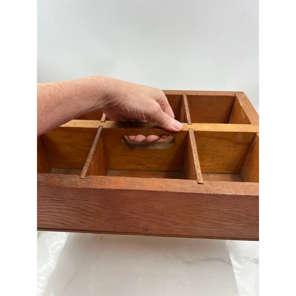 Vintage Wooden 6 Compartment Tool Caddy Organizer Tray Rustic Farmhouse Storage